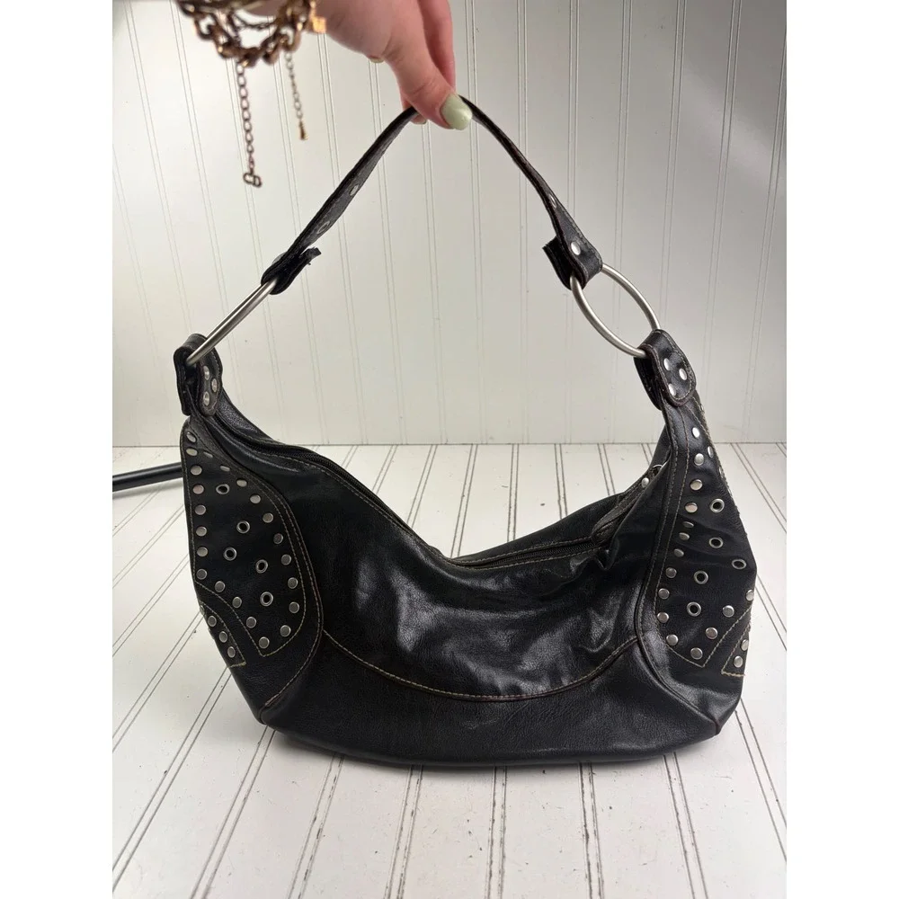Vintage Y2K Black Leather Studded Punk Edgy Grunge Hobo Shoulder Bag